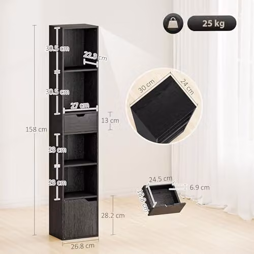 HOMCOM 6-Tier Slim Black Bookcase with Drawer, W/D/H: 30 x 24 x 158 cm – 3