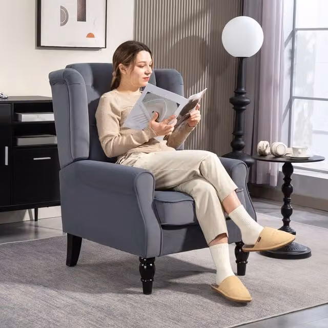 HOMCOM Retro Wingback Accent Armchair with Solid Wood Frame in Grey Fabric