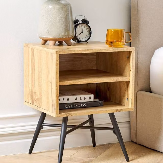 Wyld and Coco Mid-Century Brown MDF and Metal Bedside Table – 1