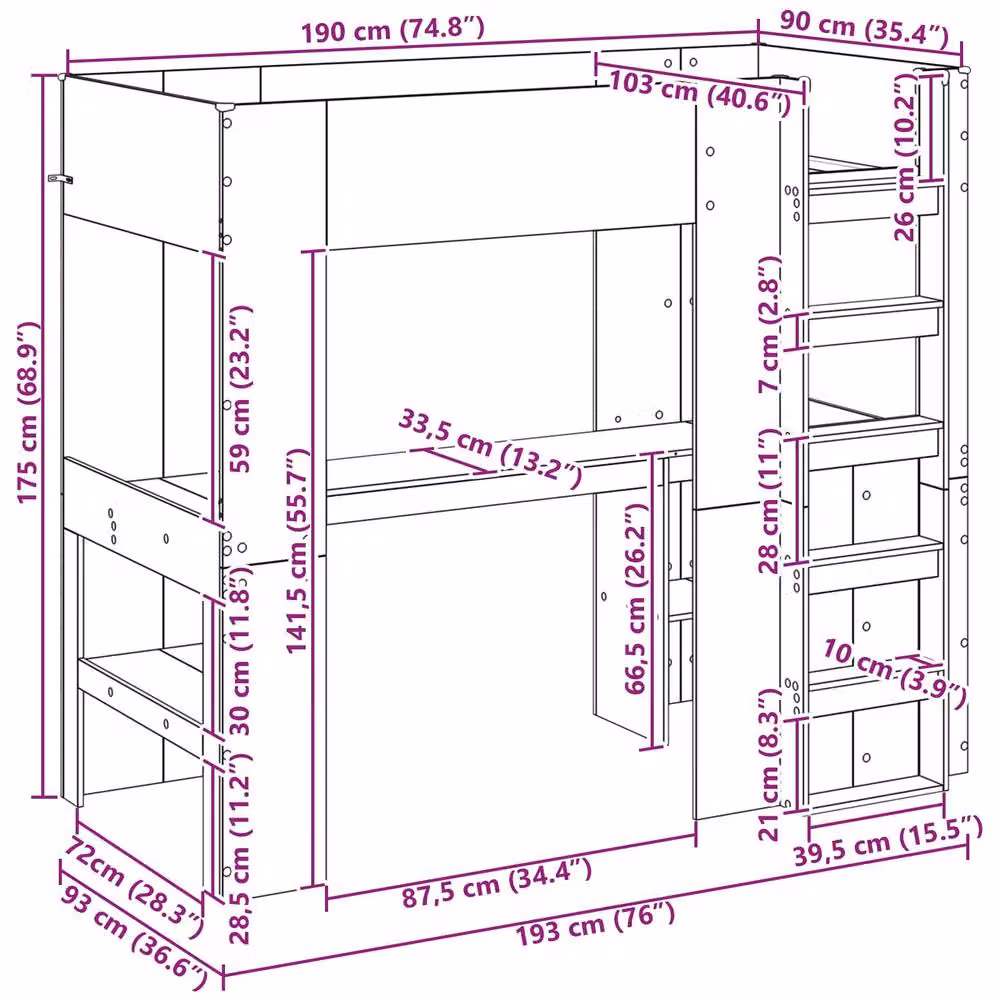 Berkfield Home Loft Bed Frame with Desk in Black Oak, W/D/H: 190 x 90 x 175 cm – 4