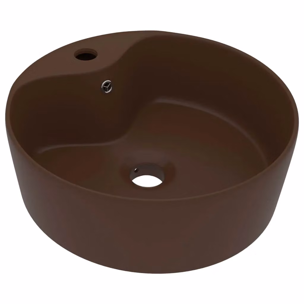 Berkfield Home Luxury Ceramic Round Countertop Wash Basin with Overflow, Matt Dark Brown, W/D/H: 36 x 36 x 13 cm – 2