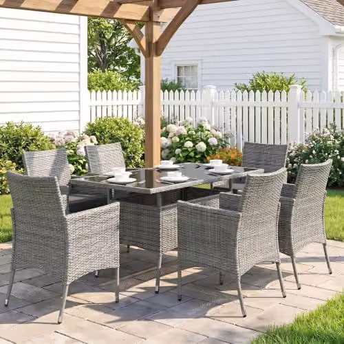 Outsunny 7-Piece Grey Polyrattan Garden Dining Set with Glass Top Table and 6 Chairs – 7