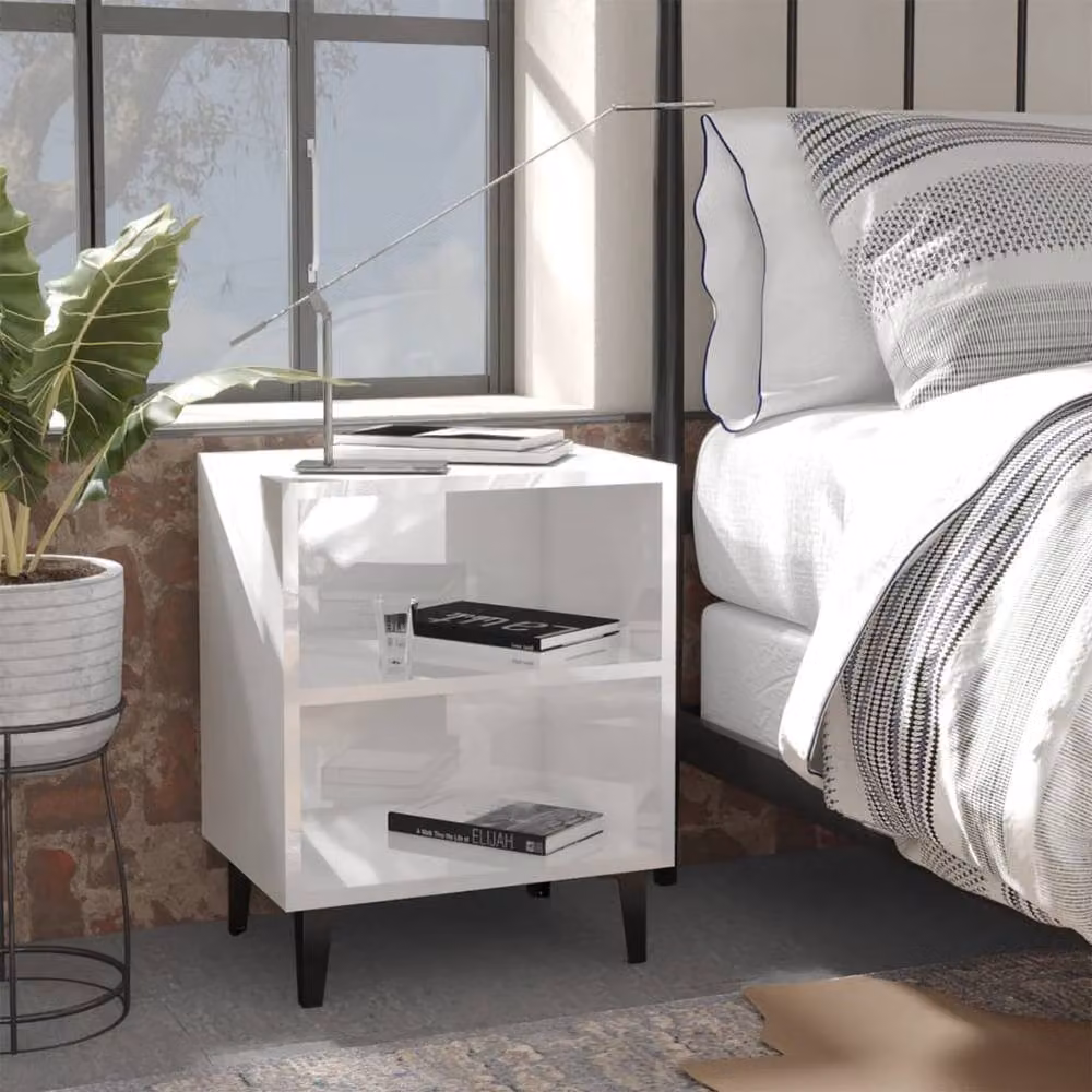 Berkfield Home Set of 2 Sturdy Bedside Cabinets in High Gloss White with Metal Legs, W/D/H: 40 x 30 x 50 cm – 2