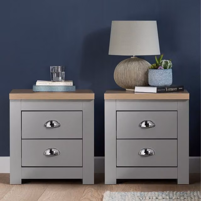 Birlea Highgate Pair of 2 Drawer Bedside Tables in Grey Oak Wood