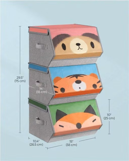 SONGMICS Set of 3 Animal Kids Storage Organisers in Pink and Multicolour with Bear, Tiger and Fox Designs, W/D/H: 25 x 25 x 25 cm