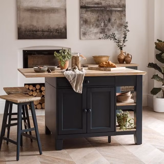 Florence Kitchen Island with Cupboard and Shelves in Navy Blue and Acacia Wood, W/D/H: 150 x 90 x 91 cm