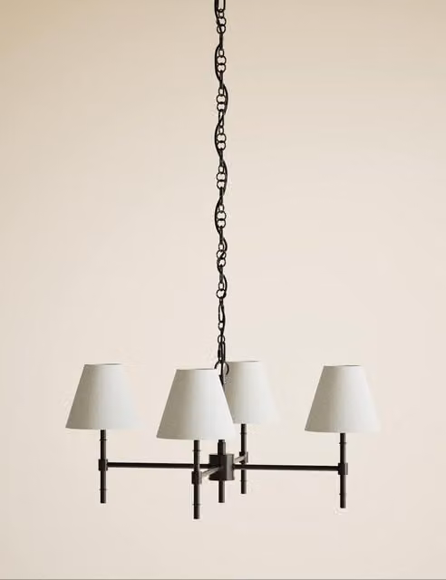 M&S Modern Suspended Metal Ribbed Cone Chandelier in Black and Bronze with Beige Fabric