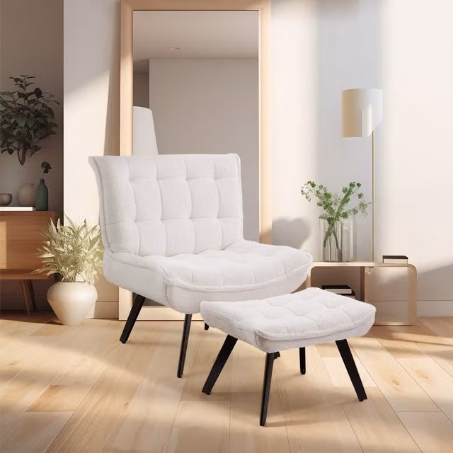 Livingandhome Teddy Fleece Upholstery Accent Chair and Footstool Set in White