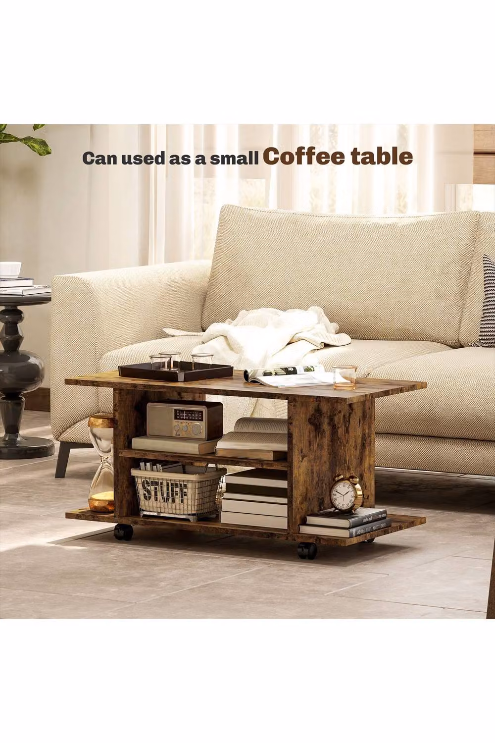 ERGOVEXA Mobile TV Cabinet Stand with Storage Shelves and Castors, Rustic Brown, W: 80 cm, D: 40 cm, H: 40 cm – 4