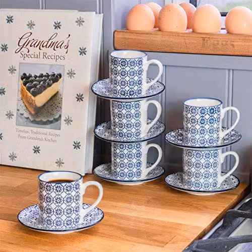 Nicola Spring 12 Piece Blue Hand Printed Porcelain Espresso Cup and Saucer Set, 65ml – 2
