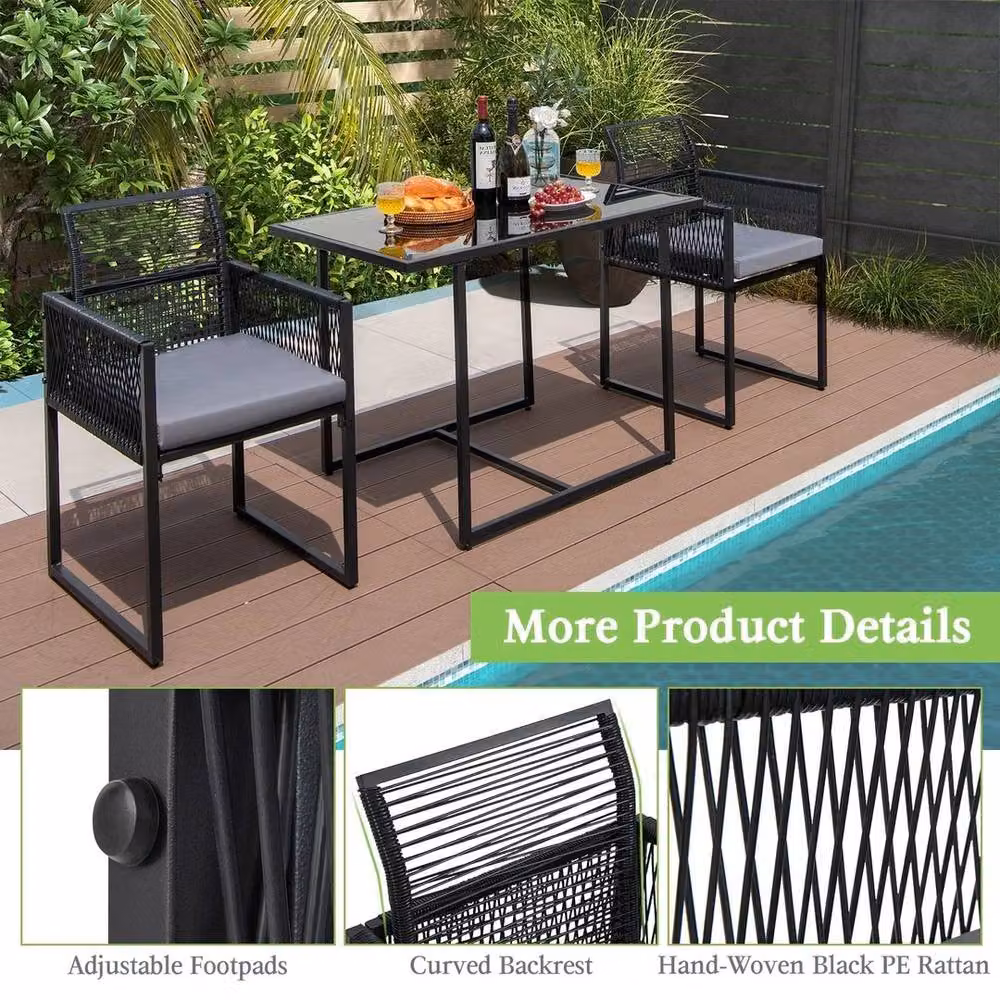 FLAVORA Grey Foldable Rattan Chair and Table Set in Black – 3