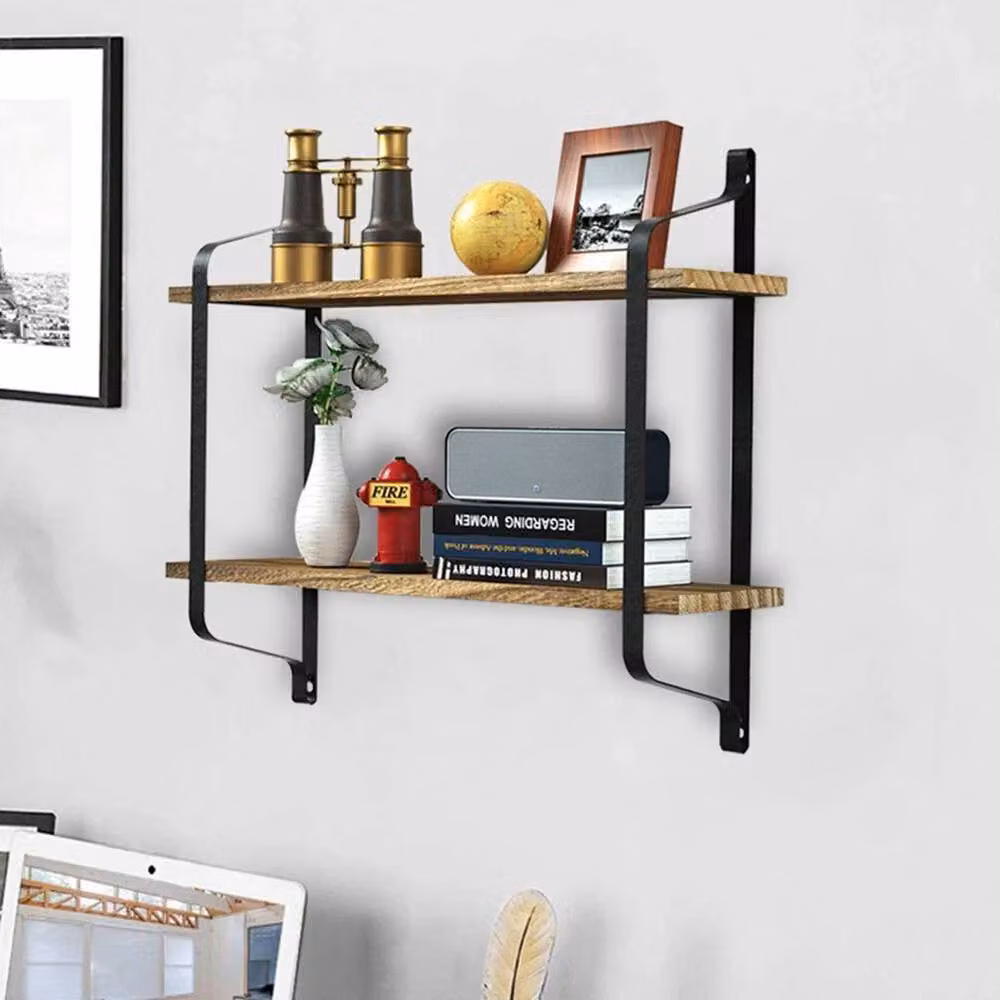 Kelvenix Large Rustic Brown Pine Wood and Metal Wall Mounted Floating Shelves – 2
