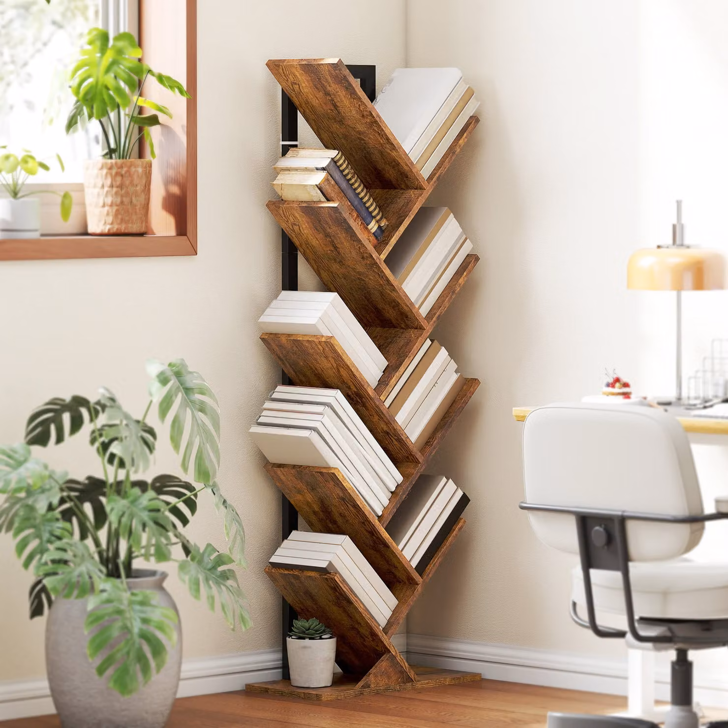 HOMCOM Eight-Section Tree Bookcase in Brown Wood-Effect with Eight Media Compartments – 2
