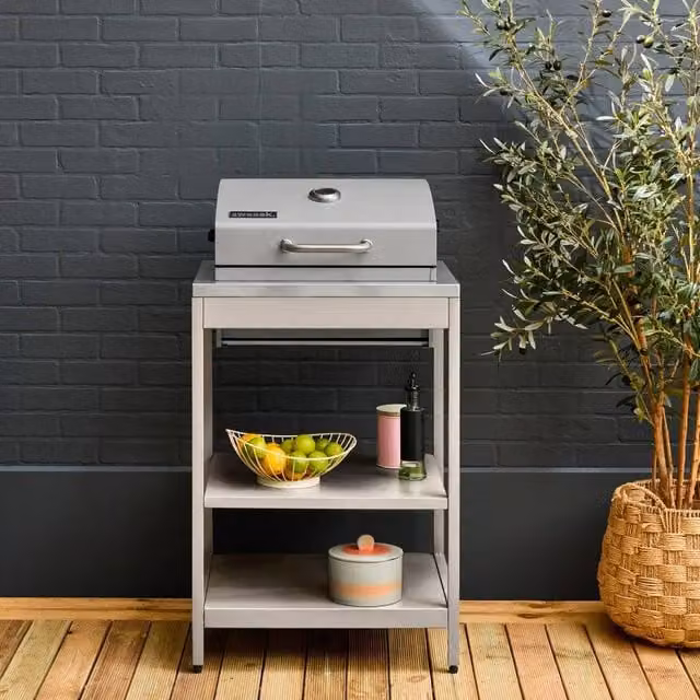 Sweekeek Charcoal Barbecue Grill in Beige with Stainless Steel Shelves and Thermometer