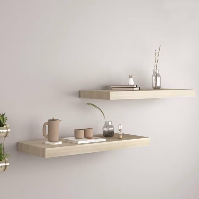 Berkfield Home Floating Wall Shelves, 2 Piece Oak MDF Set in Brown, W/D/H: 60 x 23.5 x 3.8 cm