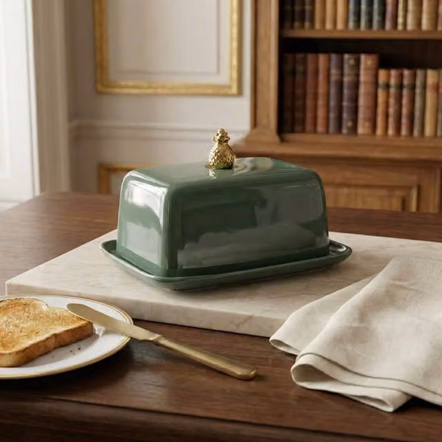 Madison & Mayfair Ceramic Gold Pineapple Butterdish in Green