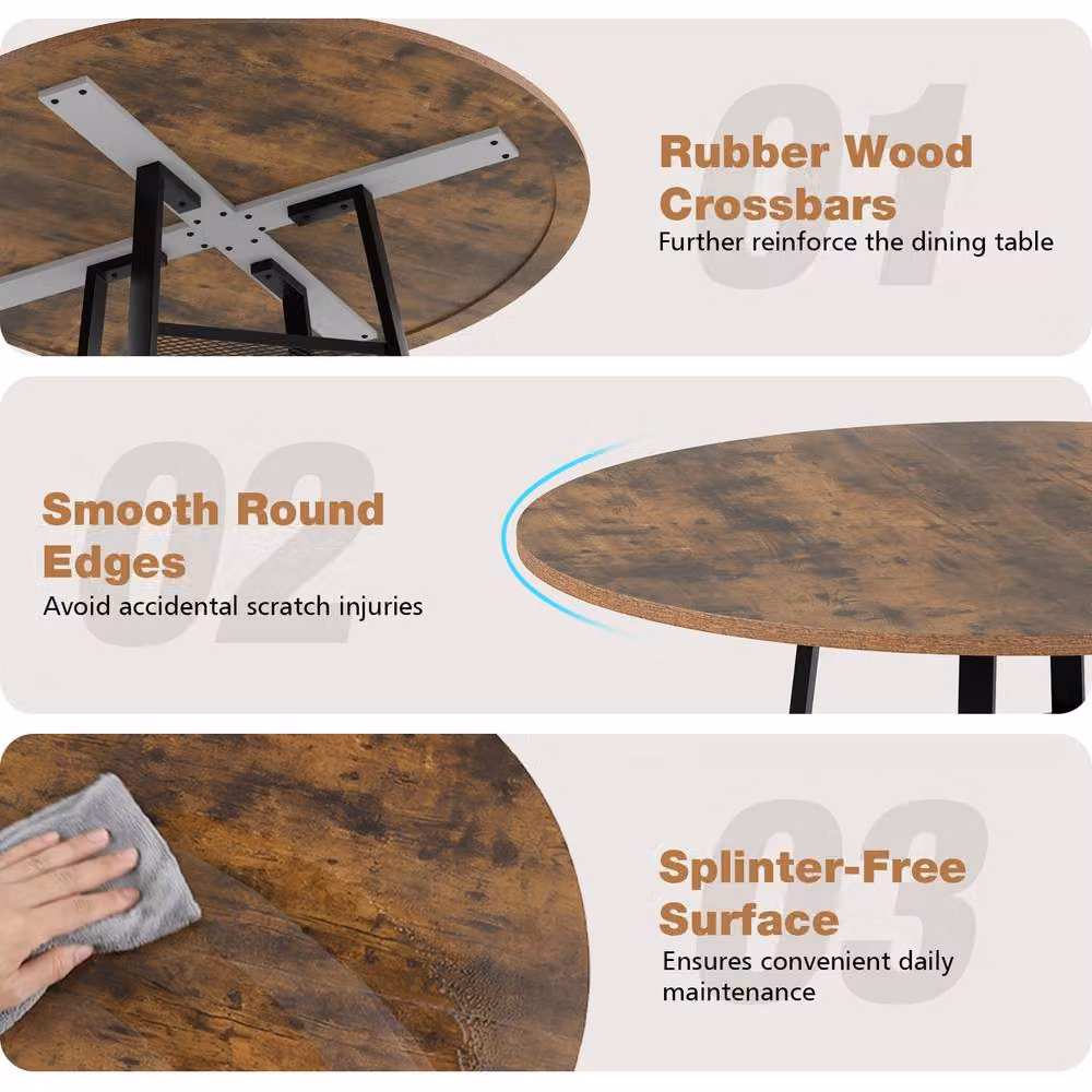Gymax Industrial Round Dining Table in Brown with Rubberwood Top and Metal Legs, Diameter: 120 cm – 6