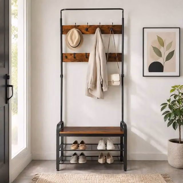 STILVORA Retro Hall Tree with Bench and 8 Hooks in Black, Brown or Beige, H 185 x W 72 x D 60 cm