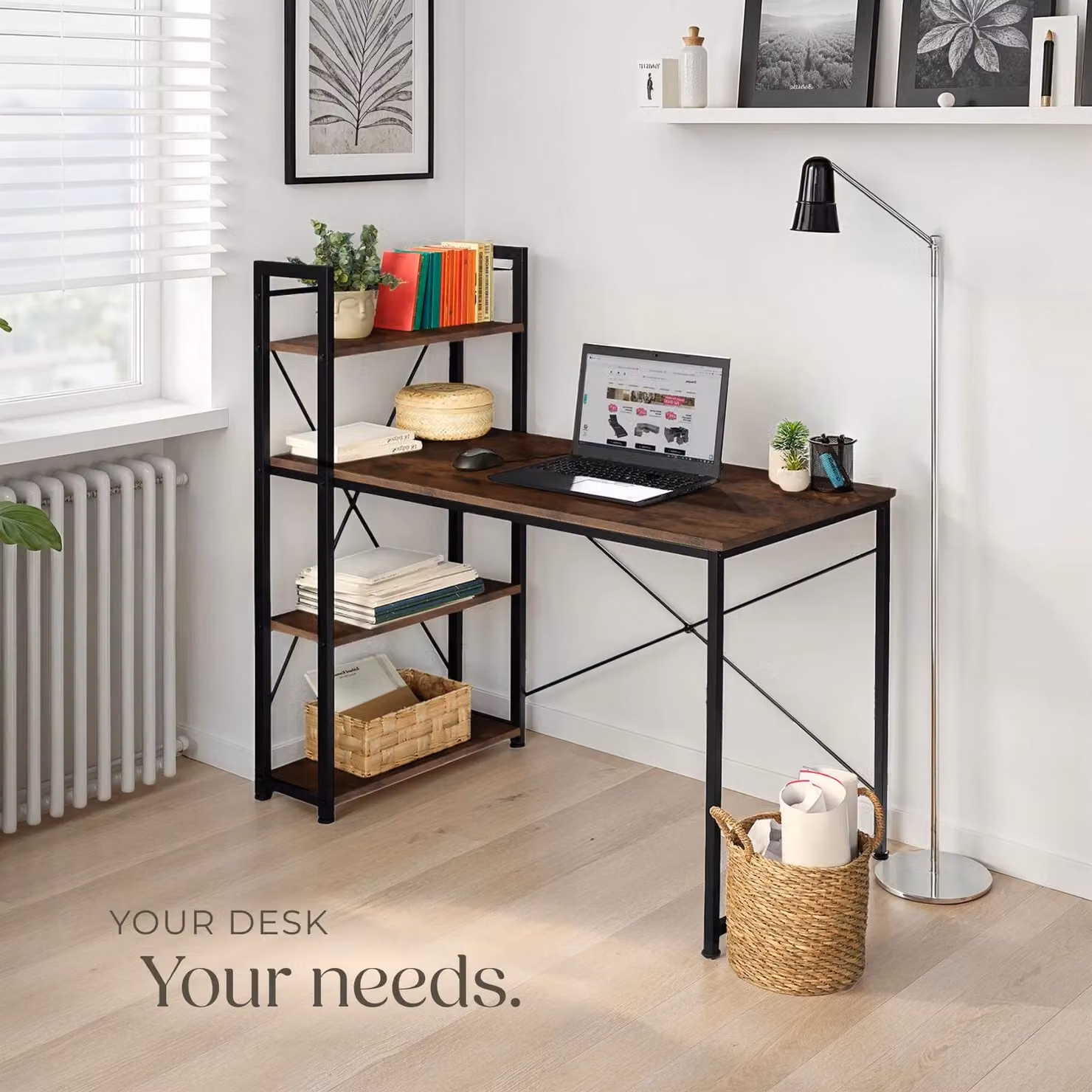 tectake Hershey Computer Desk with Integrated 3-Compartment Shelf in Brown – 6