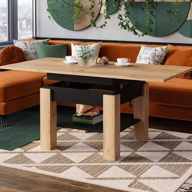 Heze Furniture Cleo 2 in 1 Extending Coffee Dining Table in Golden Craft Oak and Black