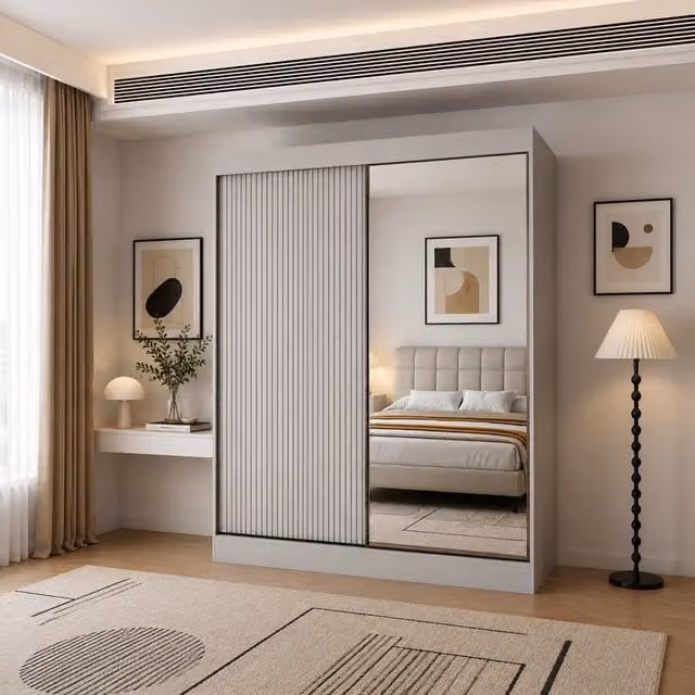 KDMD Berlin 200cm Grey Sliding Door Wardrobe with Mirror and Ribbed Panel