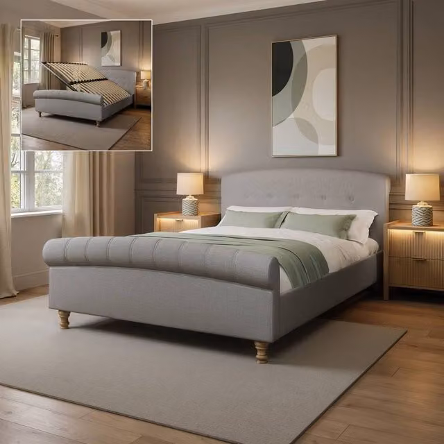 X Rocker Camille Upholstered Shadow Ottoman King Sleigh Bed in Grey