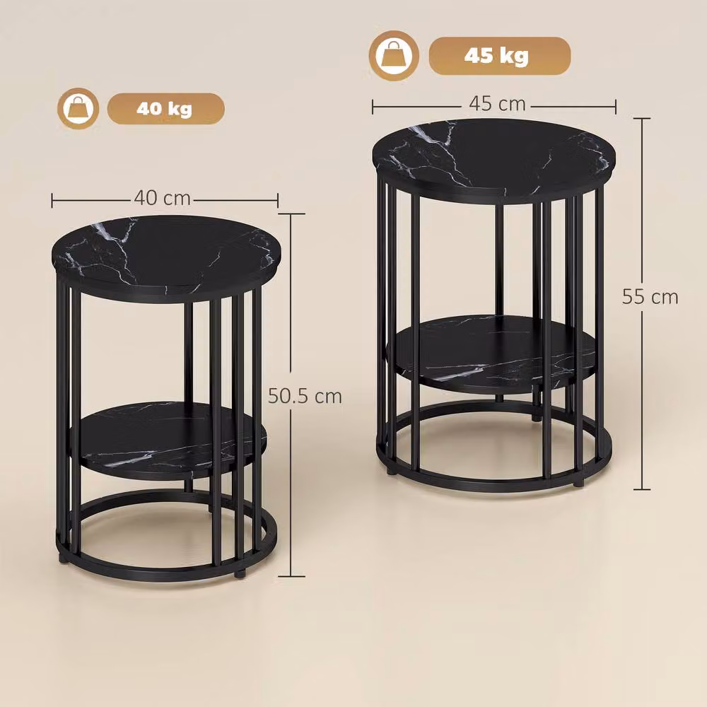 HOMCOM Set of 2 Black Marble-Effect Round Coffee Tables with Metal Legs for your Living Room – 3