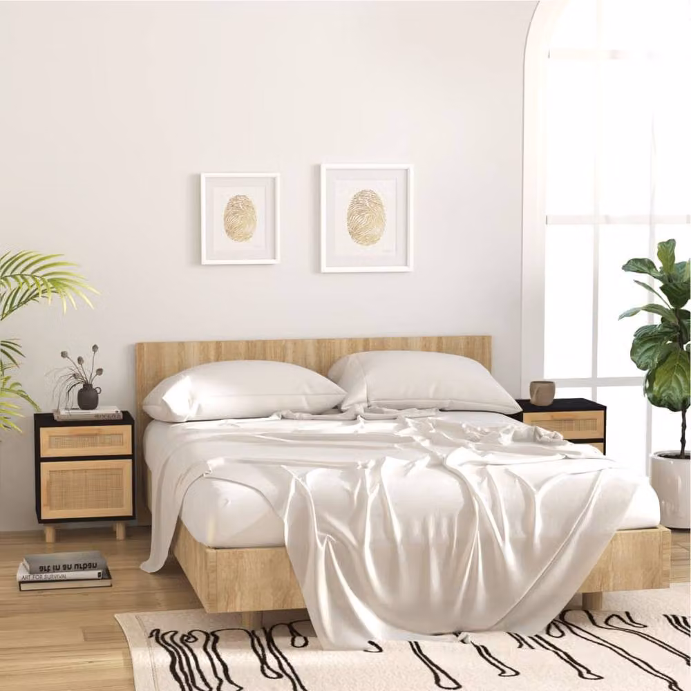 Berkfield Home Bedside Cabinet in Black Solid Pine and Natural Rattan – 3