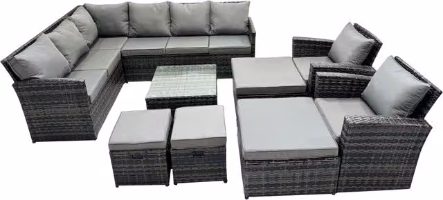 Fimous 12 Seat Poly Rattan Corner Sofa Set with 4 Stools and 2 Chairs in Dark Grey