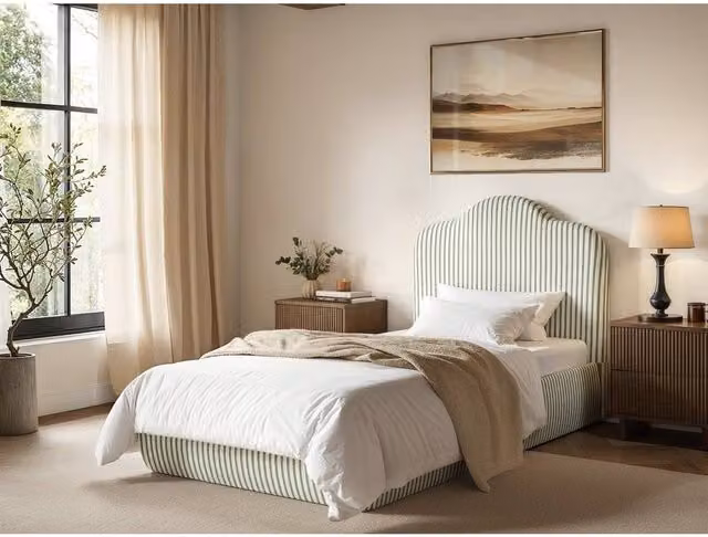 Solace+Co Skylynn Cloud Upholstered Ottoman Bed in Green and Brown Fabric, W/D: 180 x 200 cm – 1