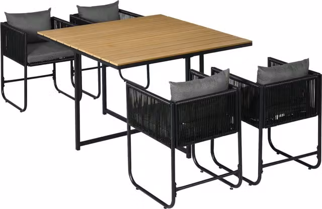 Outsunny 5-Piece Black PE Rattan Cube Dining Set with Square Wood Grain Table and 4 Chairs – 4