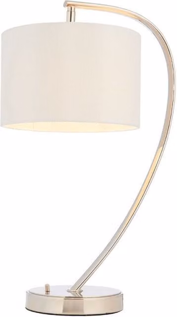Loops Modern Curved Table Lamp with Silver Metal Arm and White Fabric Shade – 1
