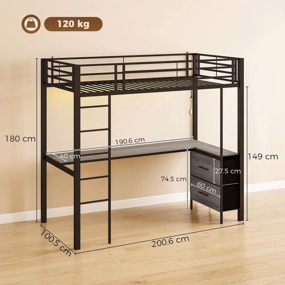 FORGEVIO Metal Bunk Bed with Desk and Drawers in Black, 90 x 190 cm – 2