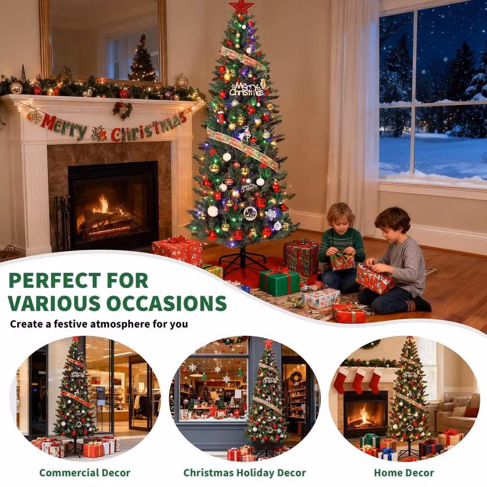 London Boutique 6ft Slim Pencil Artificial Christmas Tree with Warm White LED Lights in Green – 6