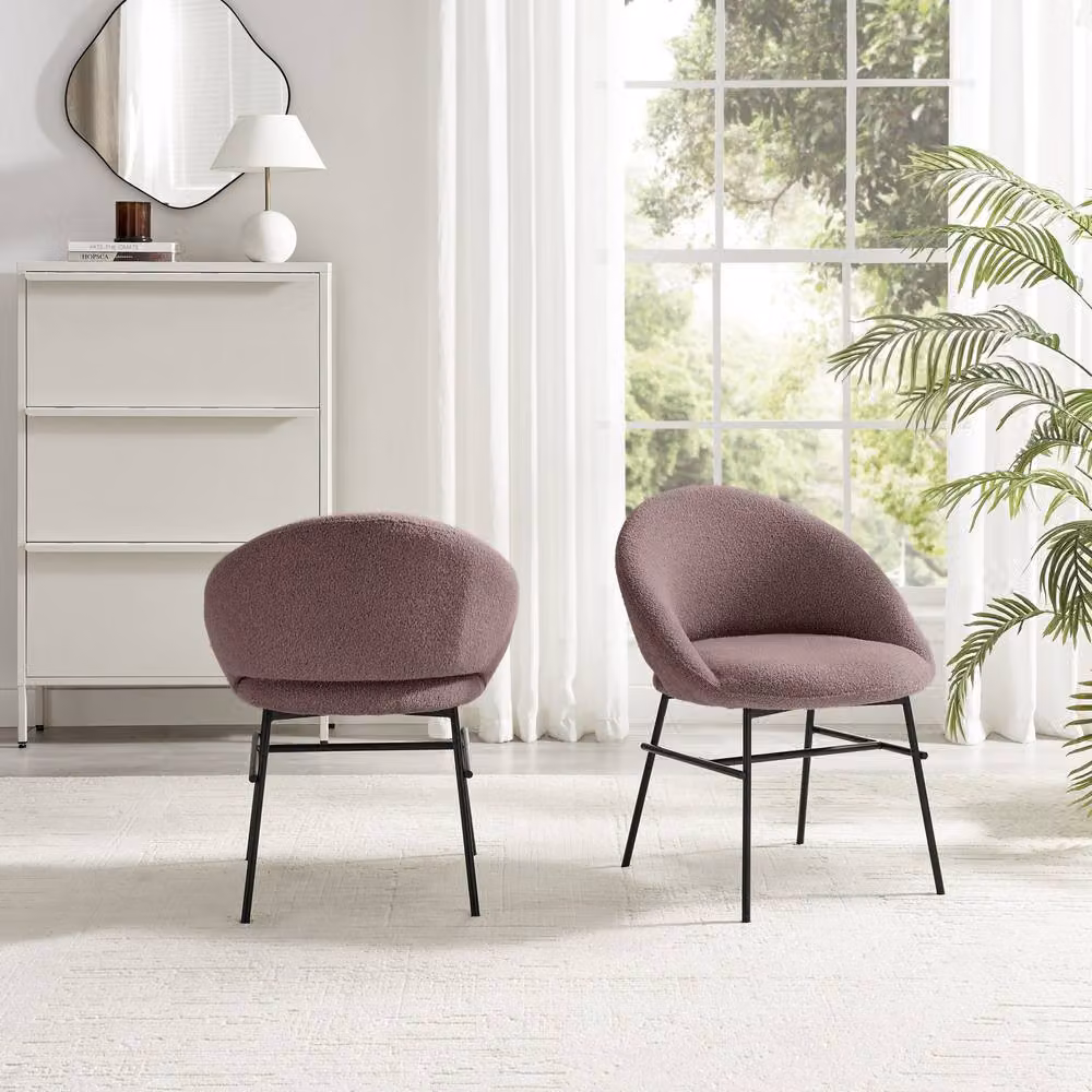 FurnitureboxUK Set of 2 Nella Dining Chairs in Dusky Pink Bouclé Fabric with Black Metal and Wood Legs – 2