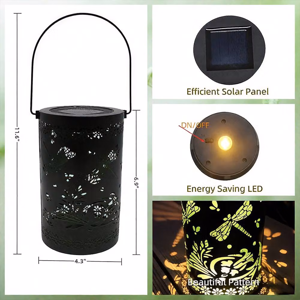 Bright Zeal Set of 2 Black Metal Solar Hanging LED Lanterns with Dragonfly Cutout, 30 cm – 5