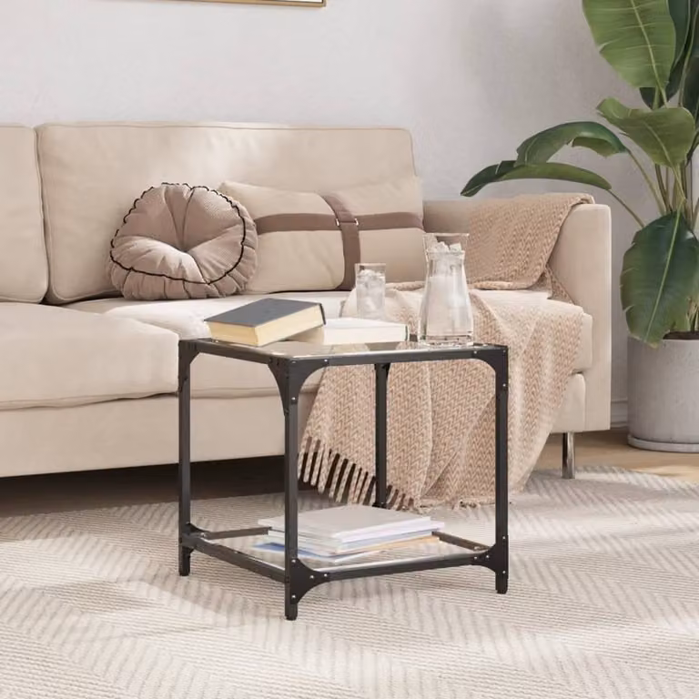 Berkfield Home Modern Square Coffee Table with Transparent Glass Top and Black Steel Frame, W/D/H: 40 x 40 x 40 cm