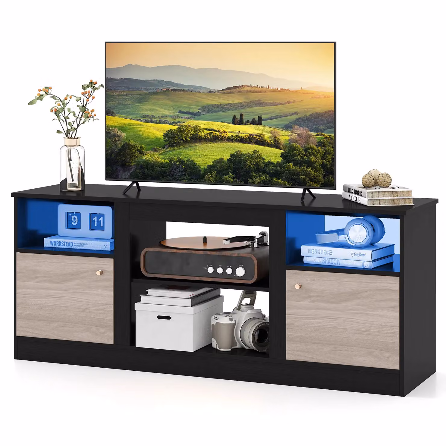Costway Modern Black Entertainment Centre TV Stand with LED Lights for up to 65 inch TVs – 8
