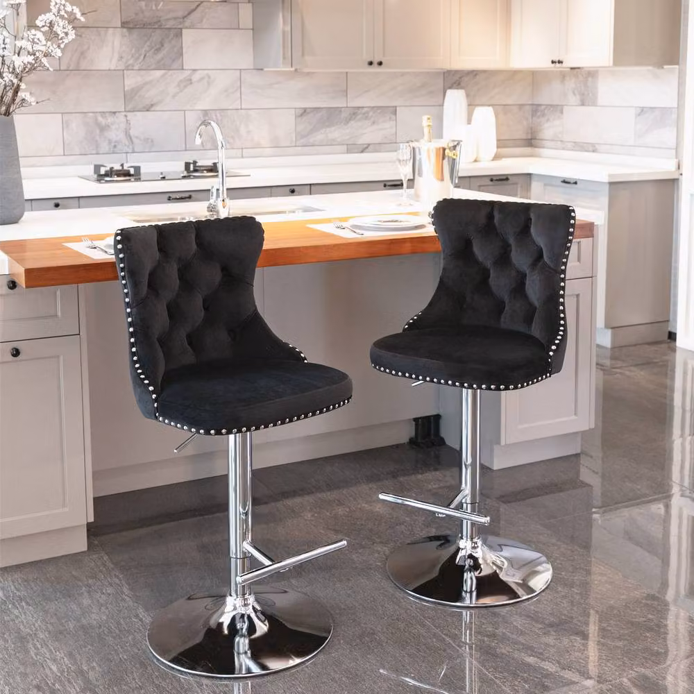 Modern Home Touch Set of 6 Black Velvet Adjustable Swivel Bar Stools with Gold Metal Base – 3