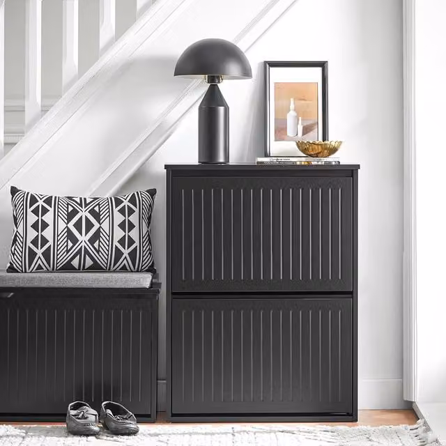 SoBuy Modern Black Shoe Cabinet with Integrated Seat and Tilting Compartments