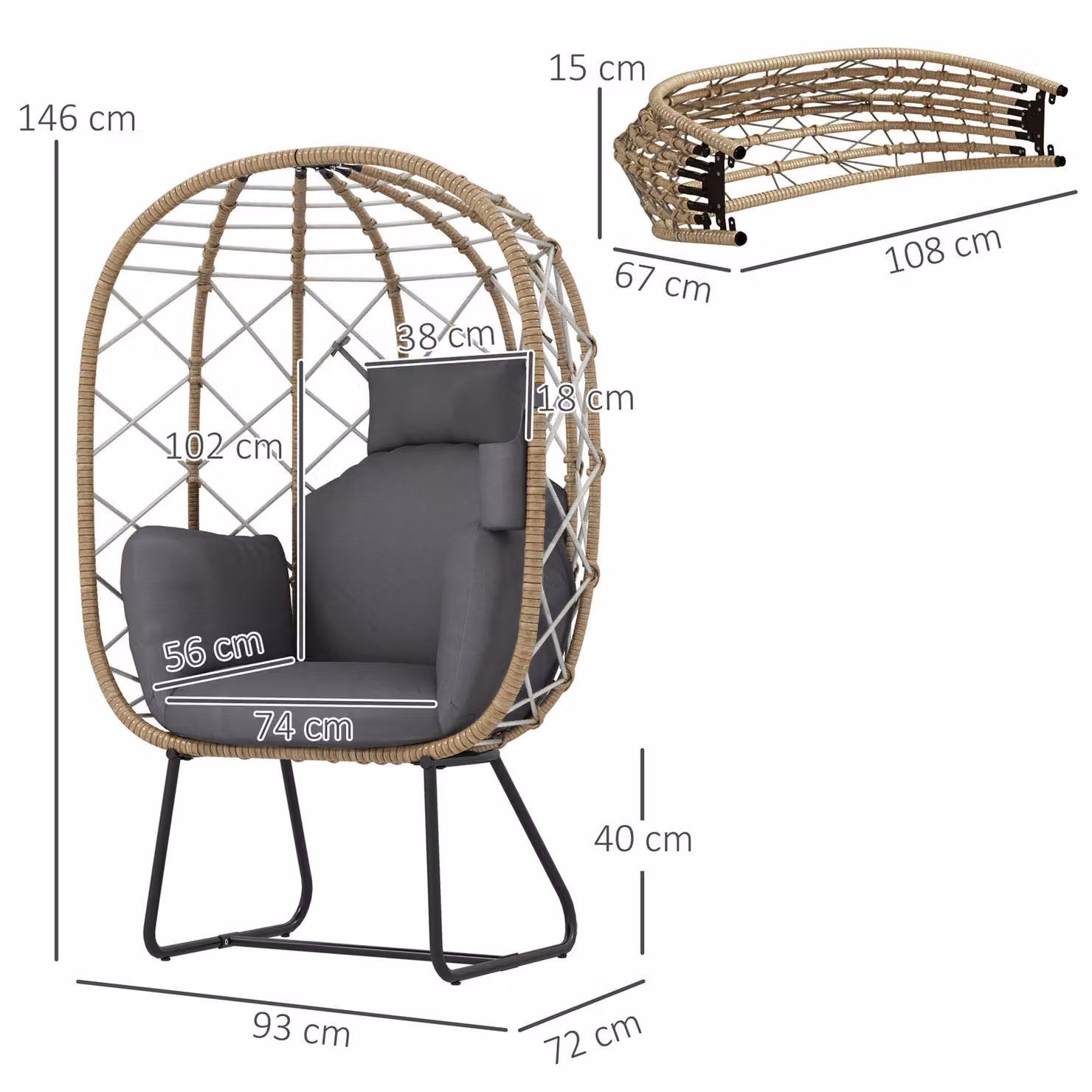 Outsunny Brown Rattan Egg Chair with Thickened Cushion, Headrest and Cup Holder for Garden, Patio or Balcony – 3
