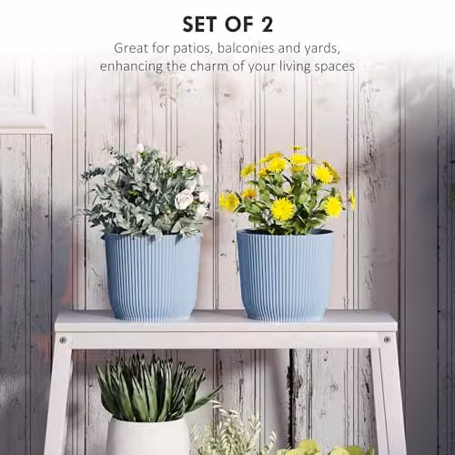 Outsunny Set of 2 Blue Plastic Round Plant Pots and Planters for Indoor and Outdoor Garden Use, Diameter: 22 cm – 3