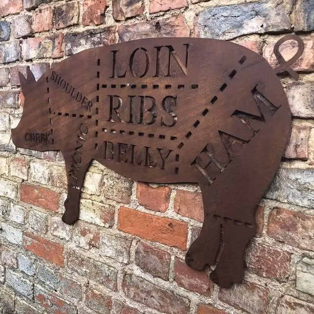 RW Norfolk Rustic Metal Butchers Pig Wall Decoration, Brown Steel Garden Feature