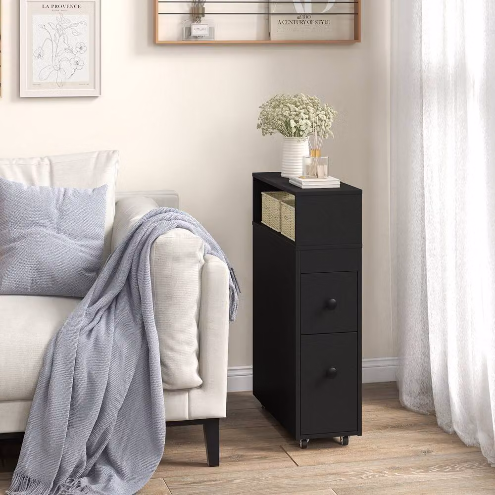 Costway Movable Narrow Bathroom Storage Cabinet with Rattan Detail in Black – 4