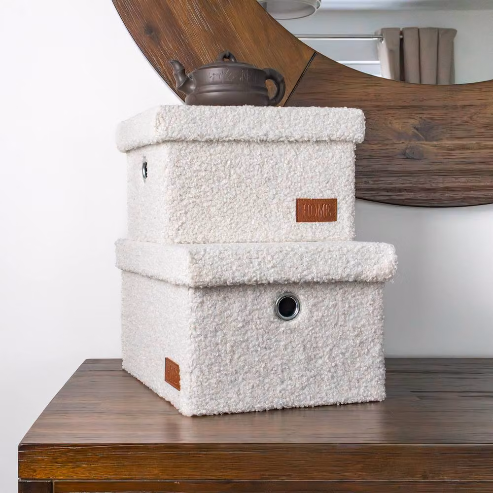 JVL Shiro Set of 2 White Boucle Fabric Rectangular Lidded Storage Baskets with Handles – 2