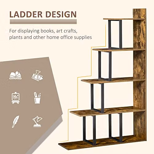 HOMCOM 5-Tier Rustic Brown Ladder Shelf Display Stand, H 160 x W 30 x D 16 cm – 3