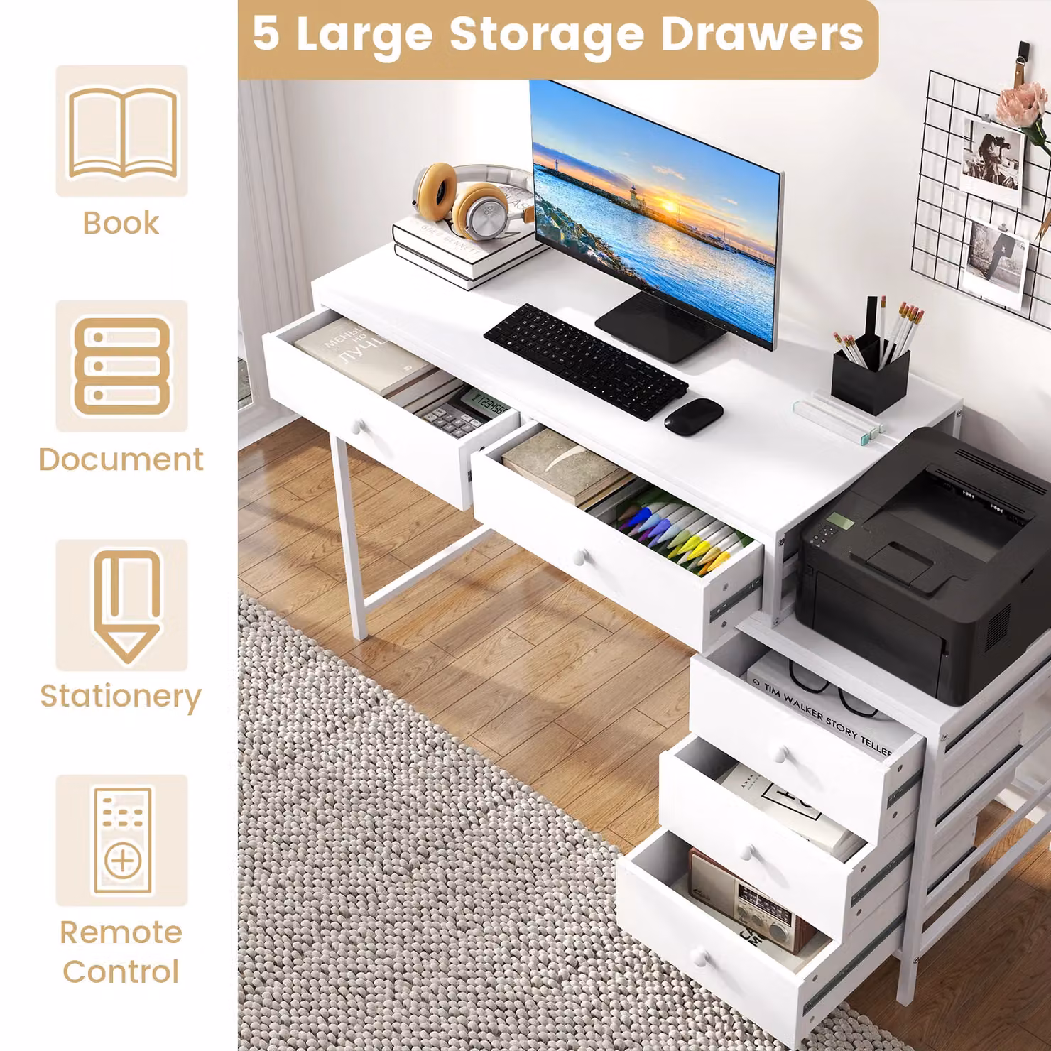Costway Home Office Computer Desk with Side File Cabinet and 5 Drawers in White – 3