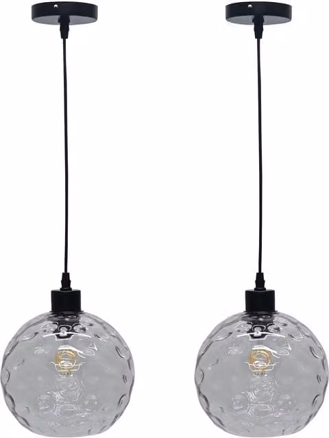 First Choice Lighting Set of 2 Barnum Pendant Lights with Transparent Dimple Glass Globes and Black Fittings