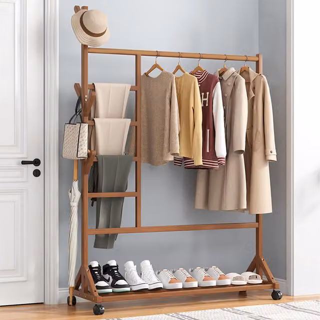 Komore Minimalist Bamboo Mobile Coat Rack with Dual Hook and Rail Matrix in Brown