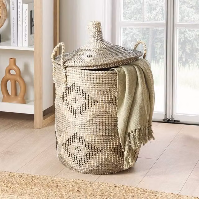 Wyld and Coco Handwoven Earthy Raw Seagrass Basket with Lid in Beige and Sand